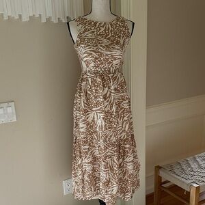 Japna XS Linen Blend Brown White Sleeveless Midi Dress